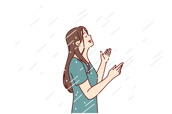 La femme profite de la pluie  Illustration