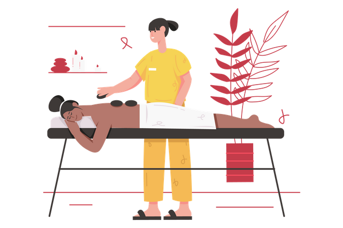 Une femme profite d'un massage du dos en étant allongée sur un canapé  Illustration