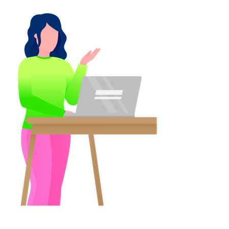 Une femme apprend en ligne et recherche des informations sur son ordinateur portable  Illustration