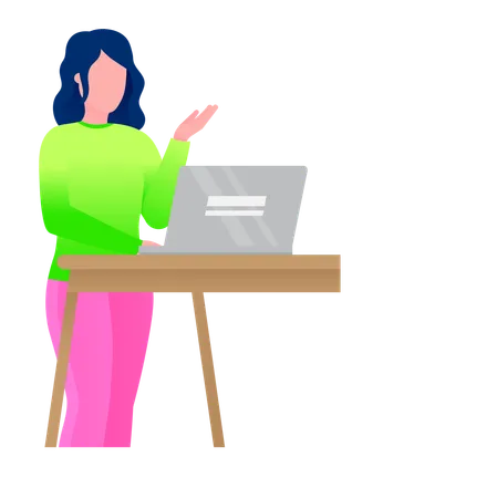 Une femme apprend en ligne et recherche des informations sur son ordinateur portable  Illustration