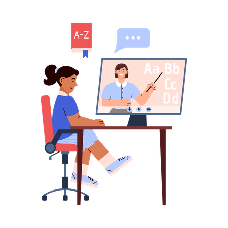 Une femme apprend l'anglais en ligne  Illustration