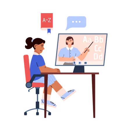 Une femme apprend l'anglais en ligne  Illustration