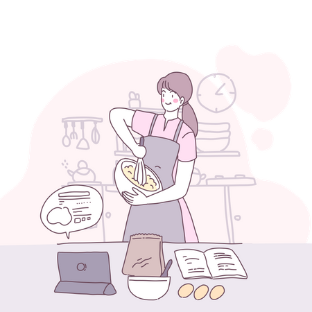 Femme apprenant la cuisine en utilisant un cours en ligne  Illustration