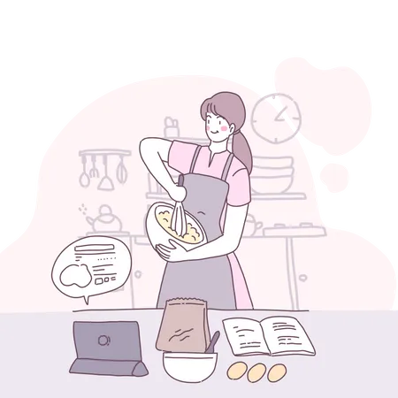 Femme apprenant la cuisine en utilisant un cours en ligne  Illustration