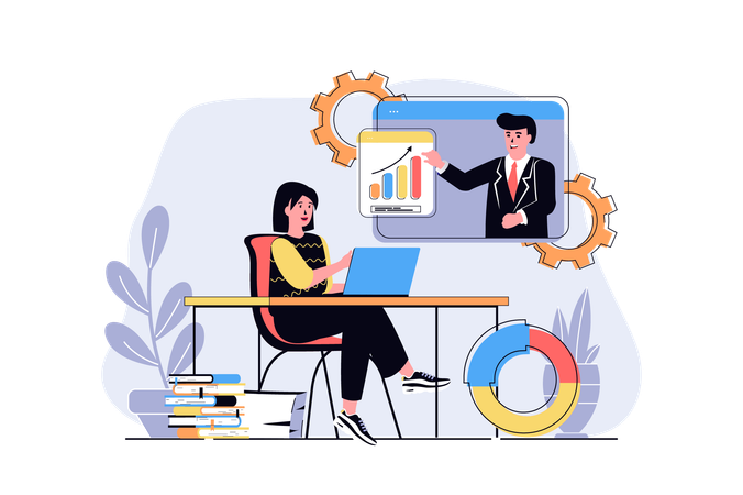 Une femme apprend lors d'une formation en ligne avec un coach d'affaires et un séminaire d'analyse de données  Illustration
