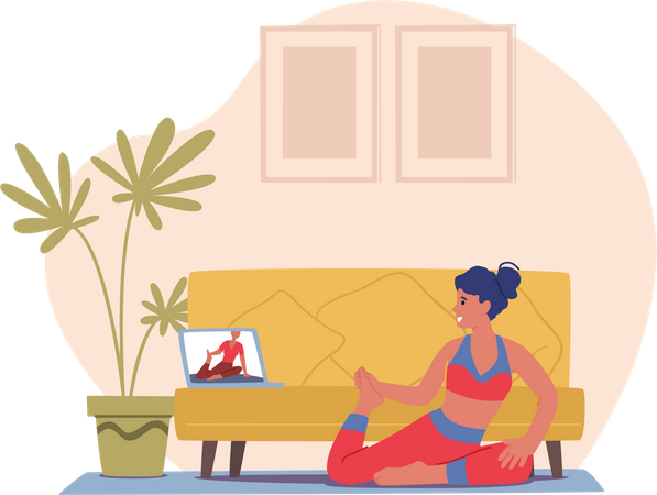 Femme apprenant la pose de yoga en ligne  Illustration