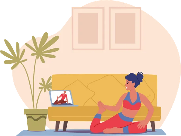 Femme apprenant la pose de yoga en ligne  Illustration