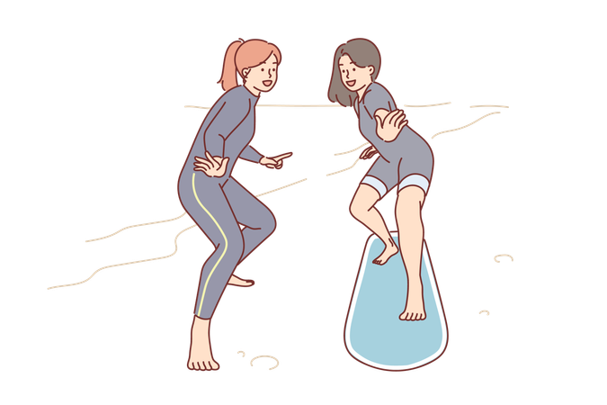 Une femme apprend à surfer avec un instructeur  Illustration