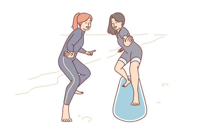 Une femme apprend à surfer avec un instructeur  Illustration