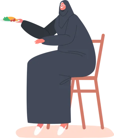 Femme arabe assise sur une chaise et tenant une assiette de nourriture  Illustration