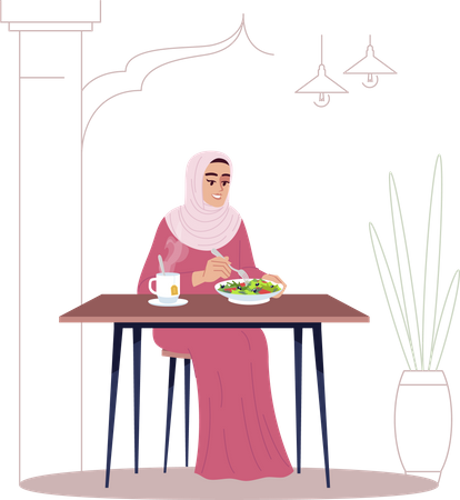 Femme arabe mangeant de la salade avec du thé chaud  Illustration
