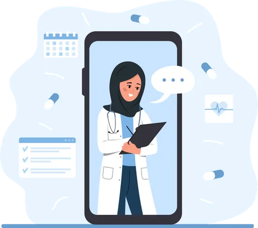 Femme médecin arabe sur smartphone  Illustration