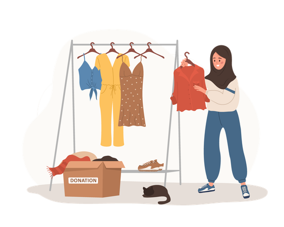 Une femme arabe range de vieux vêtements prêts à être partagés ou recyclés de l'armoire dans une boîte en carton  Illustration