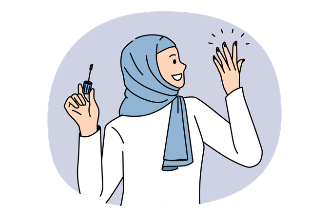 Femme arabe souriante portant des vêtements et des couvre-chefs traditionnels se peignant les ongles avec du vernis  Illustration