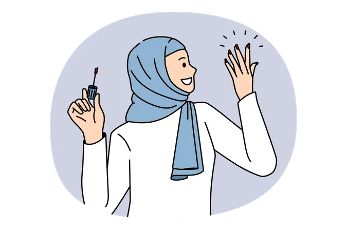 Femme arabe souriante portant des vêtements et des couvre-chefs traditionnels se peignant les ongles avec du vernis  Illustration