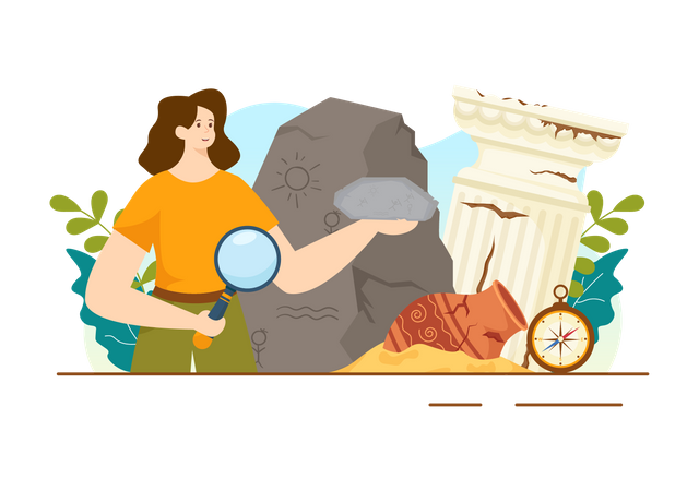 Archéologue féminine tenant une pierre ancienne  Illustration