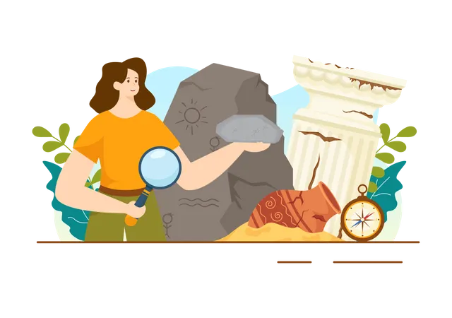 Archéologue féminine tenant une pierre ancienne  Illustration