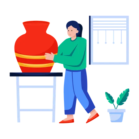 Une femme fabrique de l'argile dans un pot en céramique  Illustration