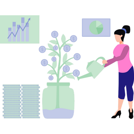 Femme arrosant une plante dollar  Illustration