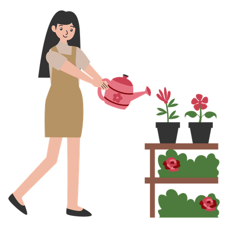 Femme arrosant une plante à fleurs  Illustration