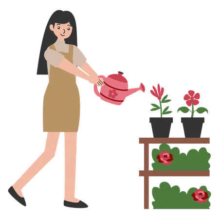 Femme arrosant une plante à fleurs  Illustration