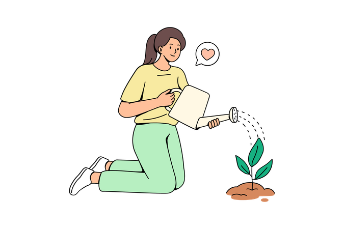 Femme arrosant une plante  Illustration