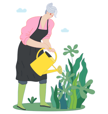 Femme arrosant une plante  Illustration