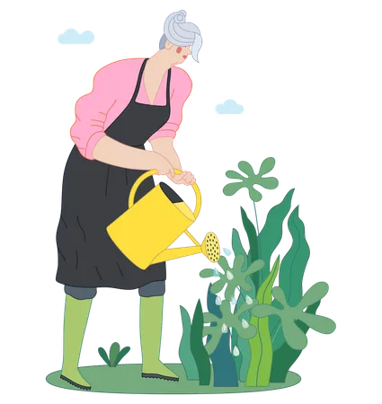 Femme arrosant une plante  Illustration