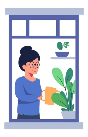 Femme arrosant une plante  Illustration