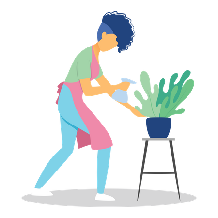 Femme arrosant une plante  Illustration