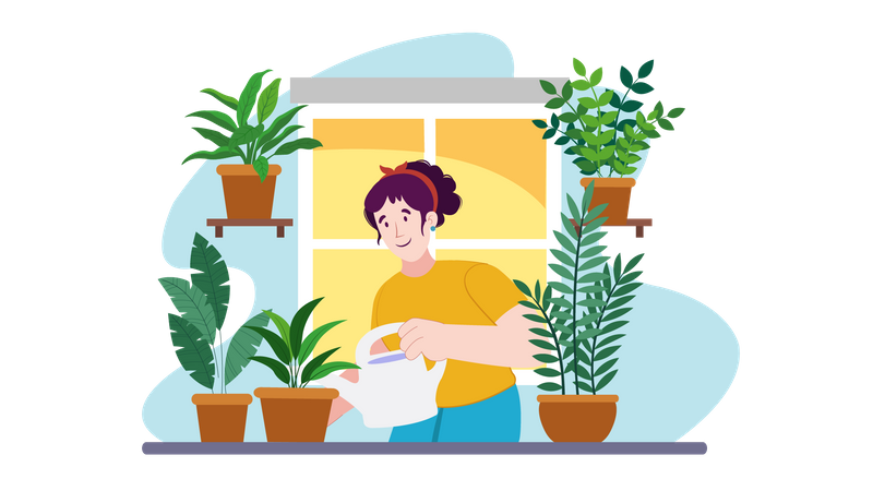 Femme arrosant une plante  Illustration