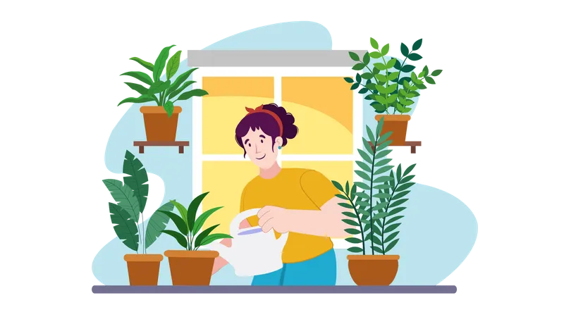 Femme arrosant une plante  Illustration