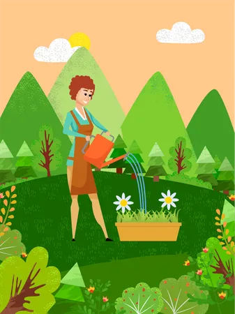 Femme arrosant une plante  Illustration