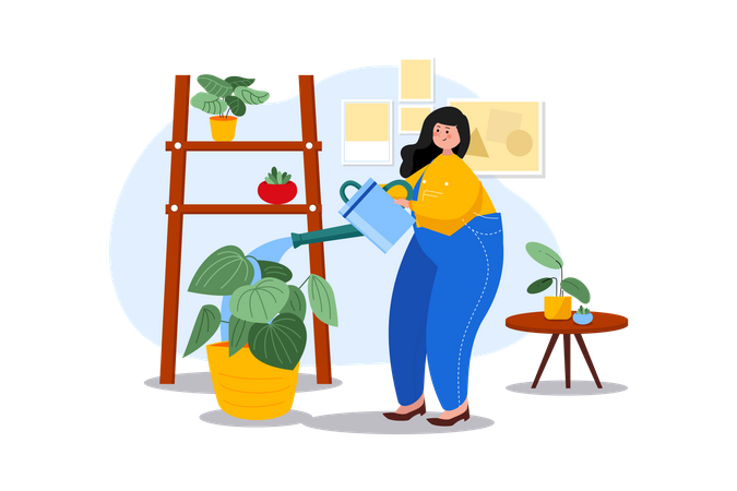 Femme arrosant une plante d'intérieur  Illustration