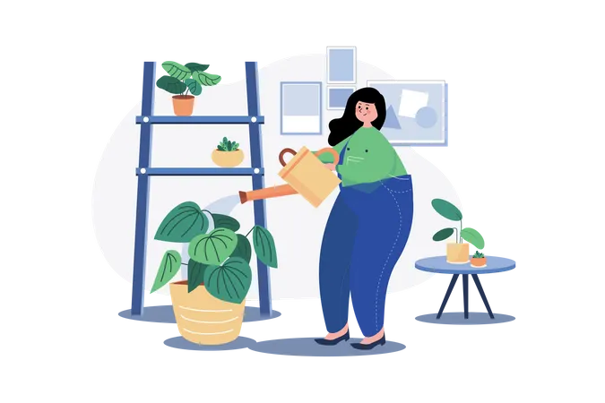 Femme arrosant une plante d'intérieur  Illustration