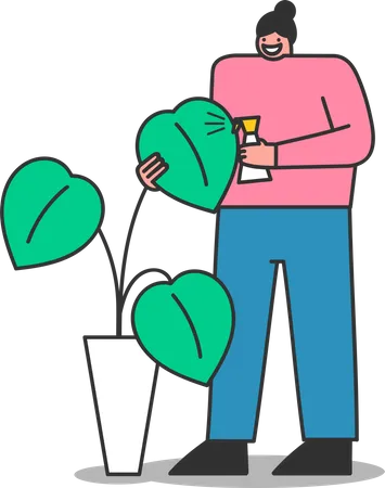 Femme arrosant une plante d'intérieur avec un flacon pulvérisateur  Illustration