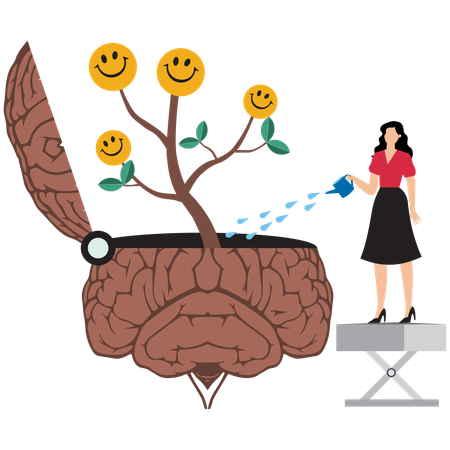 Femme arrosant le cerveau en train de faire pousser une plante avec un visage souriant et heureux  Illustration