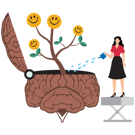 Femme arrosant le cerveau en train de faire pousser une plante avec un visage souriant et heureux  Illustration