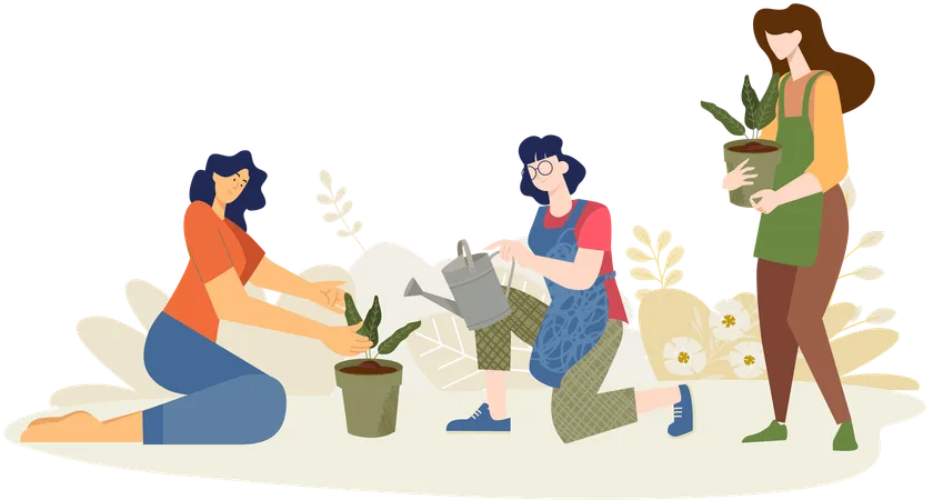 Femme arrosant de petites plantes en été  Illustration