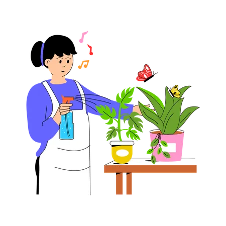 Femme arrosant les plantes de la maison  Illustration