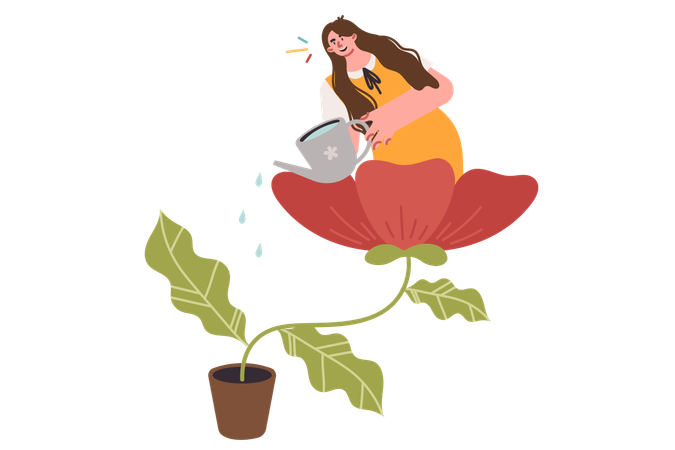 Femme arrosant une fleur géante en pot pour le développement personnel et le concept de bien-être mental  Illustration