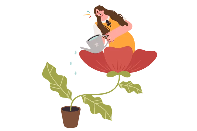 Femme arrosant une fleur géante en pot pour le développement personnel et le concept de bien-être mental  Illustration