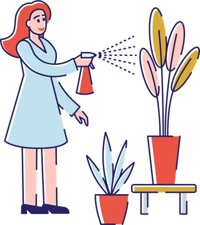 Femme arrosant des plantes en pulvérisant de l'eau  Illustration