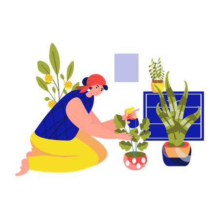 Femme arrosant une plante en pot  Illustration