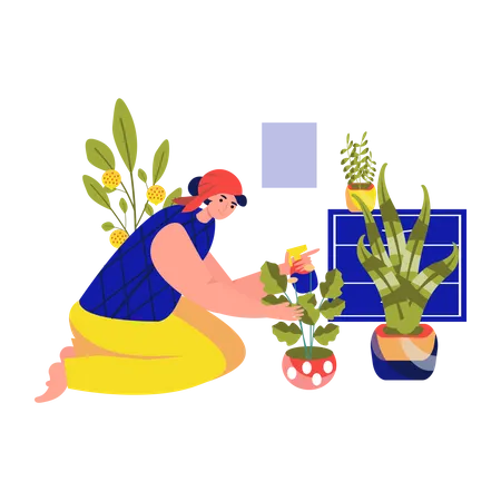 Femme arrosant une plante en pot  Illustration