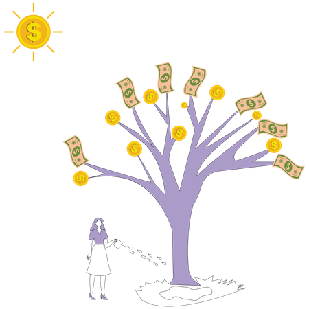 Femme arrosant un arbre à argent  Illustration