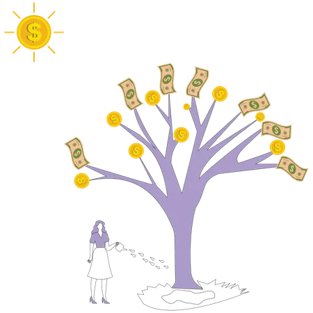 Femme arrosant un arbre à argent  Illustration