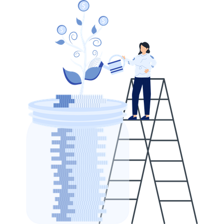 Femme arrosant un arbre à argent Investissement et épargne  Illustration