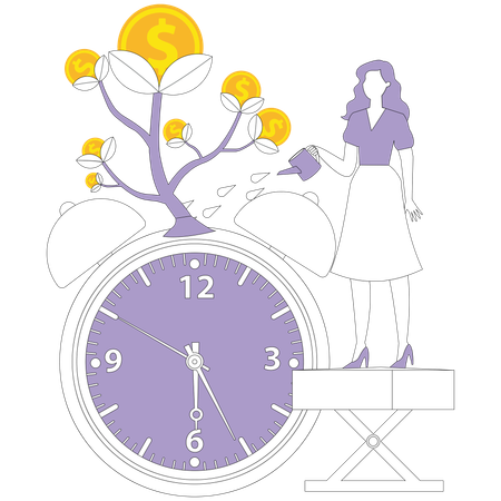 Femme arrosant un arbre à argent sur des montres  Illustration