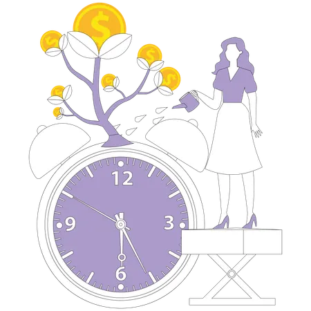 Femme arrosant un arbre à argent sur des montres  Illustration